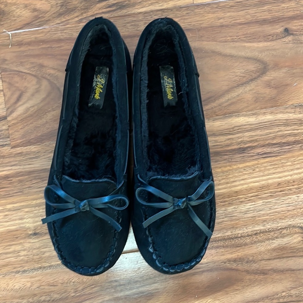 NIB J. Mark black suede moccasins, Sz 8, run big to fit 8.5 for indoor/outdoor